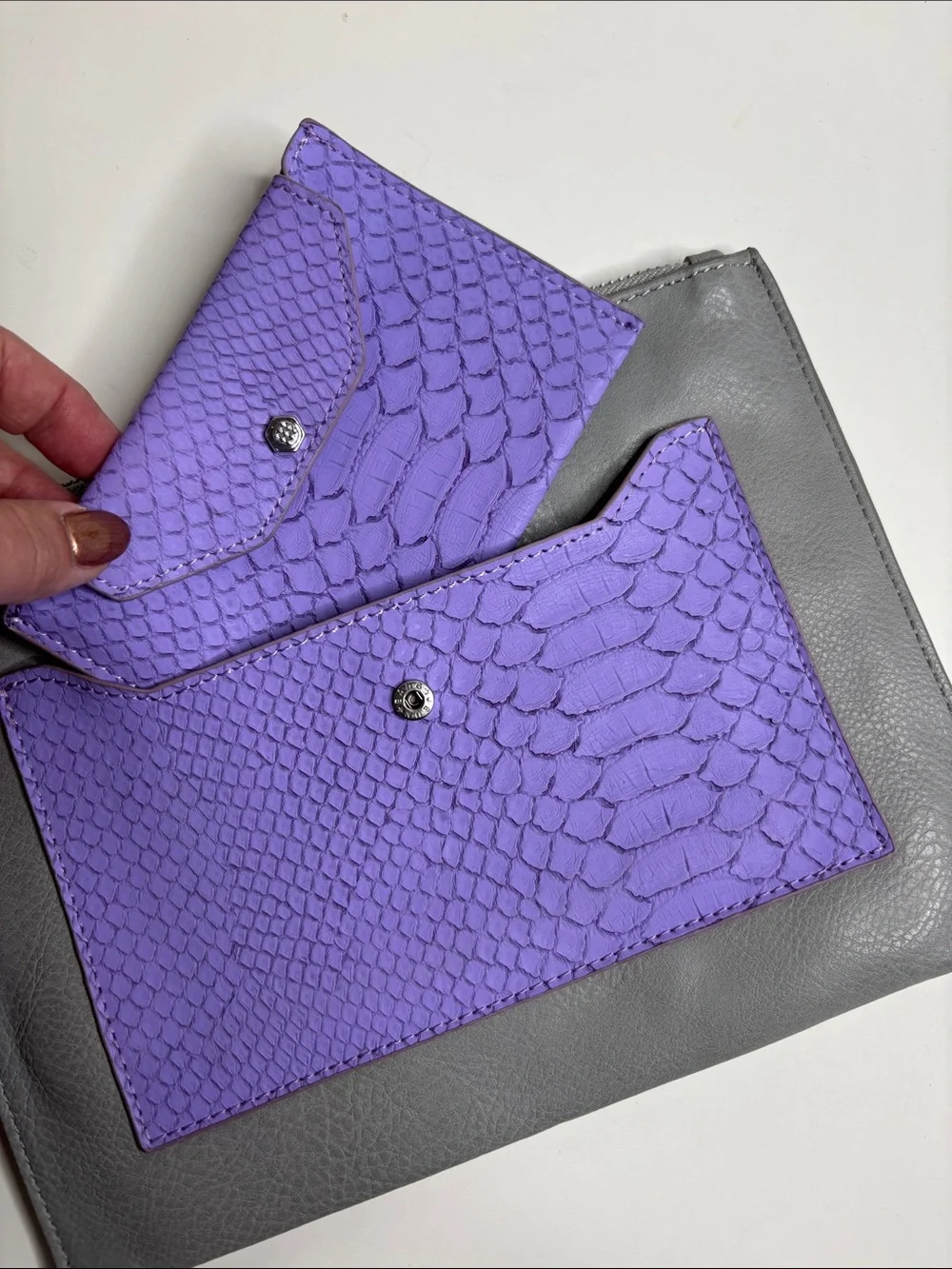 Neiman Marcus Gray Leather Clutch with Purple Snake-Embossed Pocket